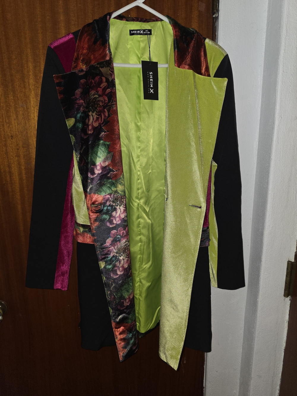 SHEIN Multicolor Velvet Floral Panel Dress Jacket - Lime & Black